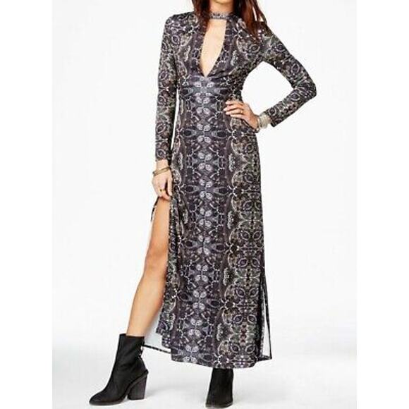 Free People Dresses & Skirts - Free People Cabaret Long Sleeve Gray Boho Printed Keyhole Maxi Dress